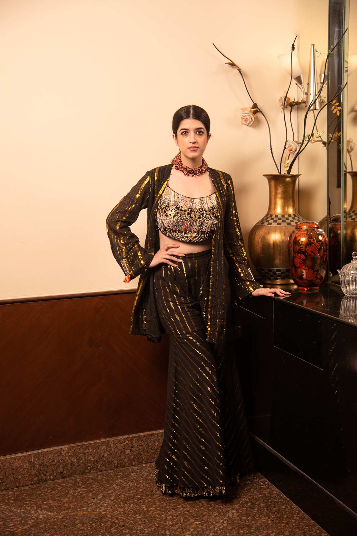 Black Lurex Striped With Embroidered Tube Top And Palazzo Pant With Same Fabric Jacket