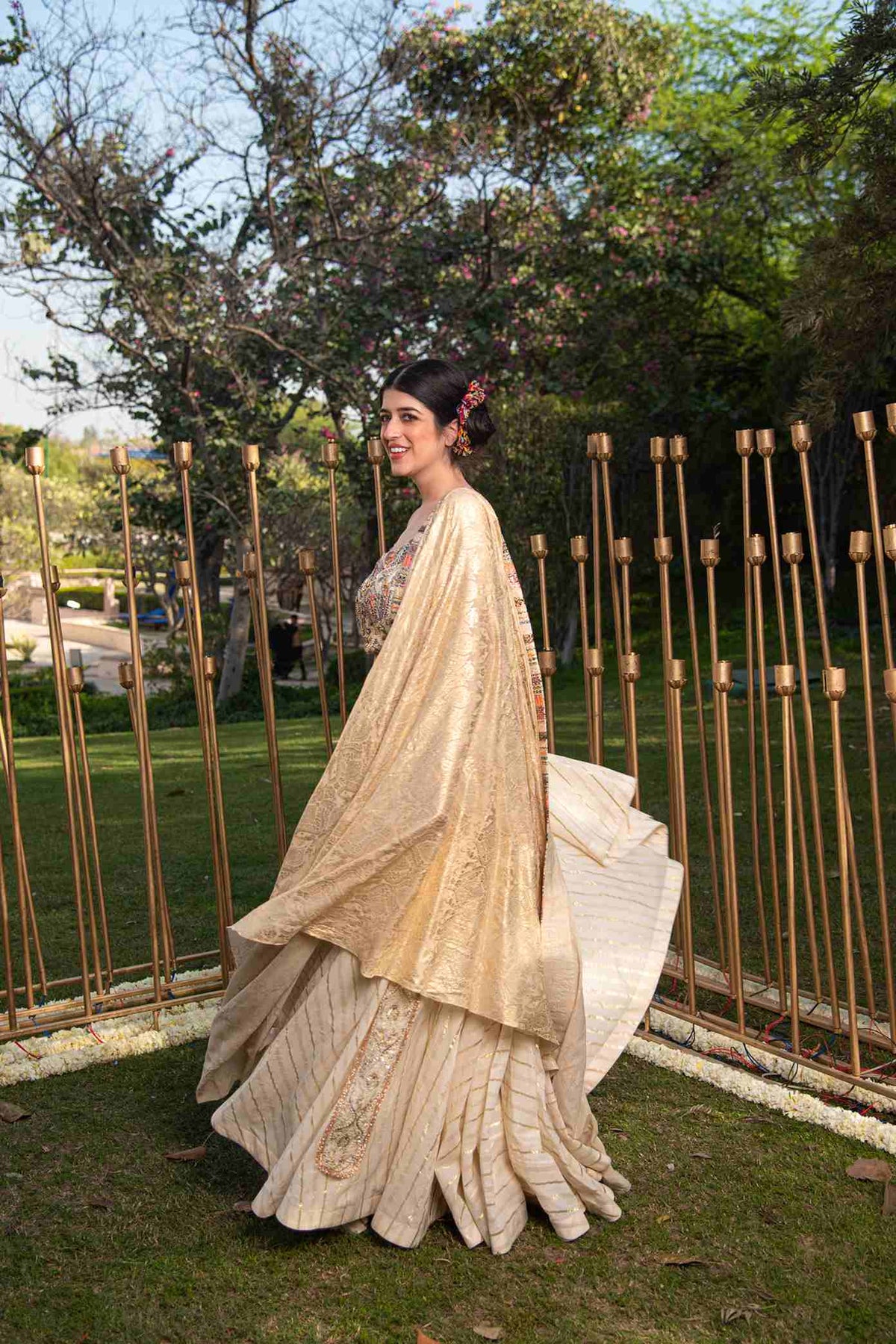 Ivory Coloured Lehenga With Lurex Stripes With Embroidered Blouse And Tone On Tone Dupatta