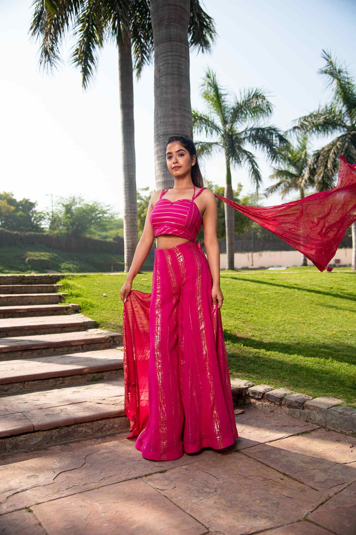 Pink Lehenga With Handmade Cotton Fabric With Lurex Stripes