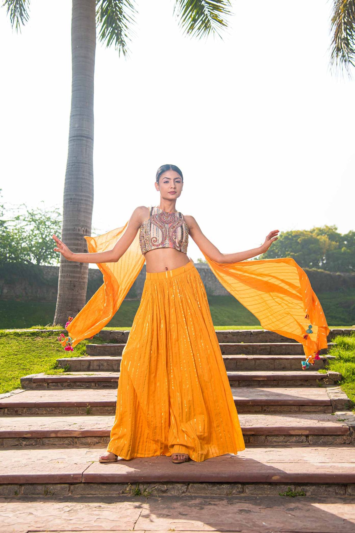 Yellow Foiled Lehenga With Hand Embroidered Blouse