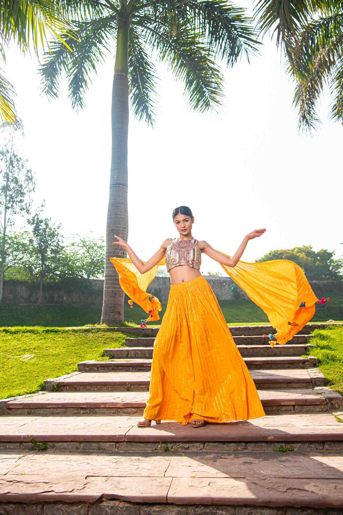 Yellow Foiled Lehenga With Hand Embroidered Blouse