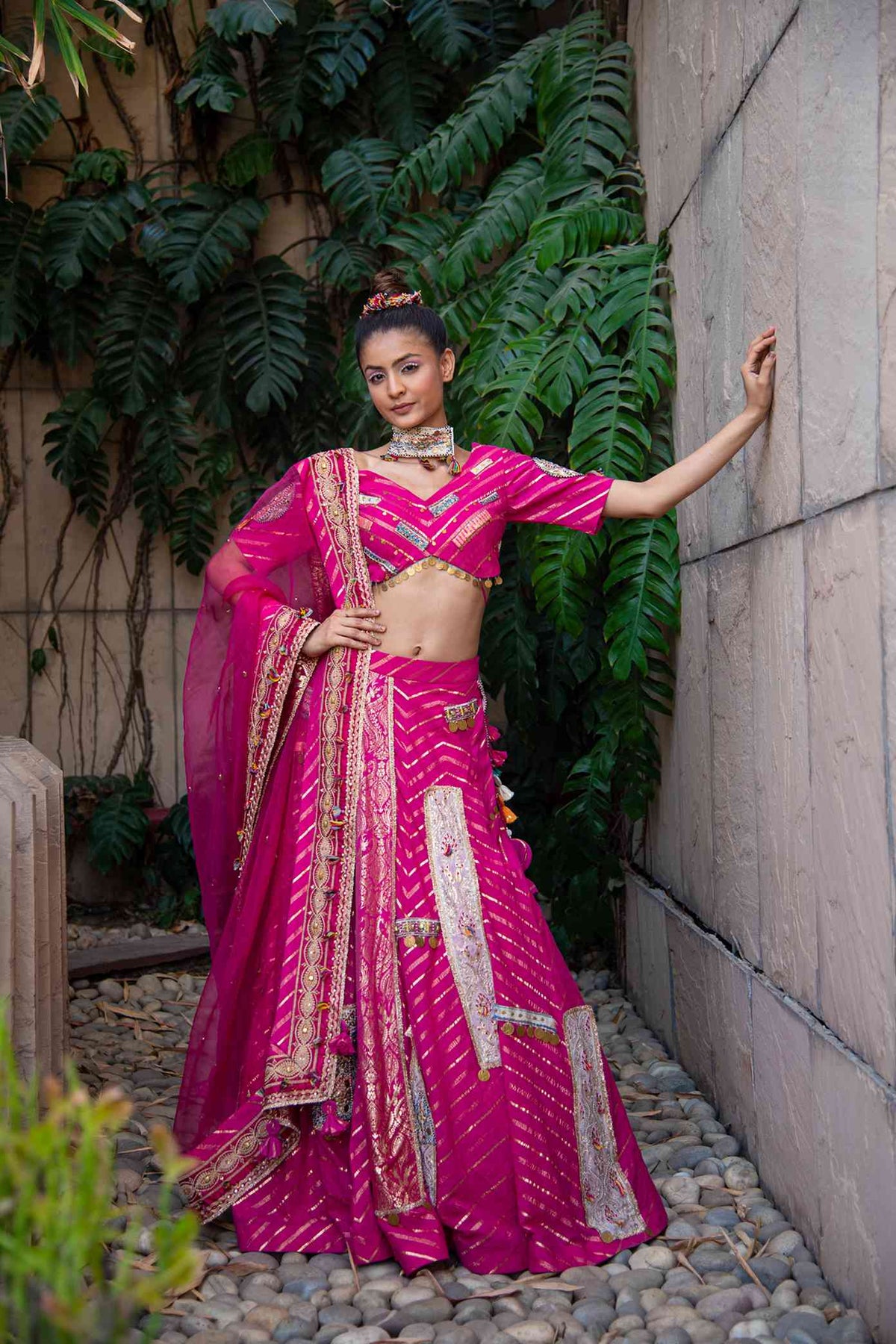 Fuchsia Pink Lehenga Set With Lurex Striped Handmade Cotton Fabric