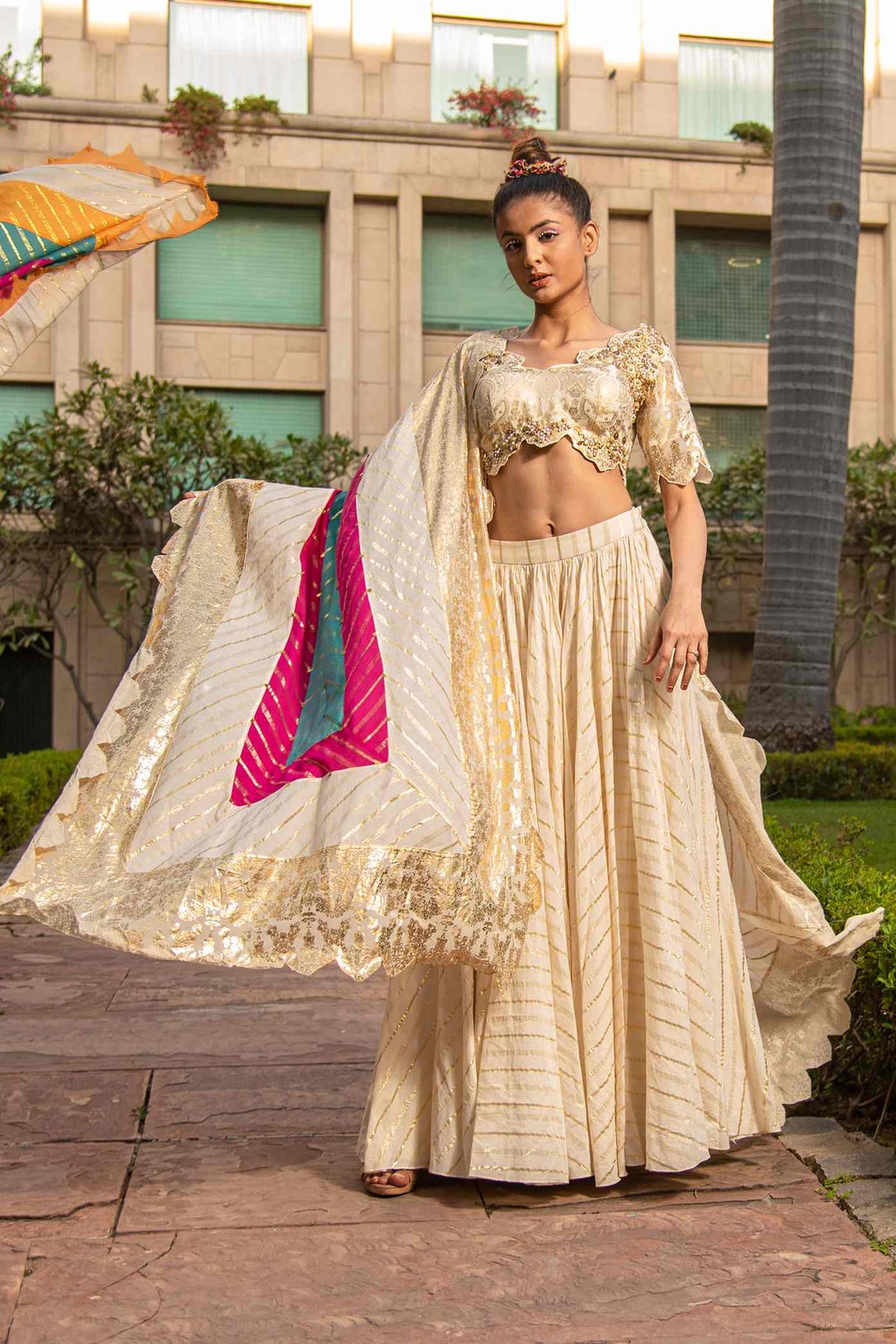 Ivory Lurex Striped Lehenga Set