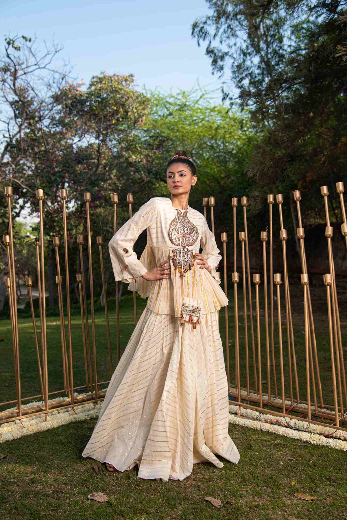 Ivory Coloured Lurex Striped Sharara Set