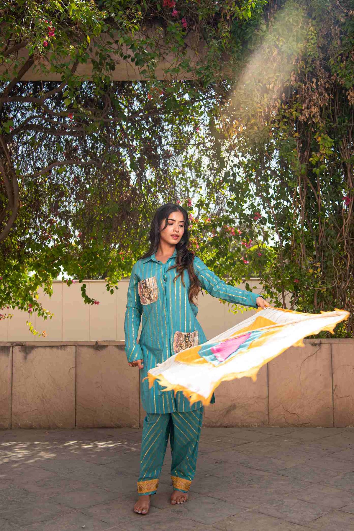 Duckegg Blue Coloured Pakistani Suit In Handmade Lurex Striped Cotton Fabric