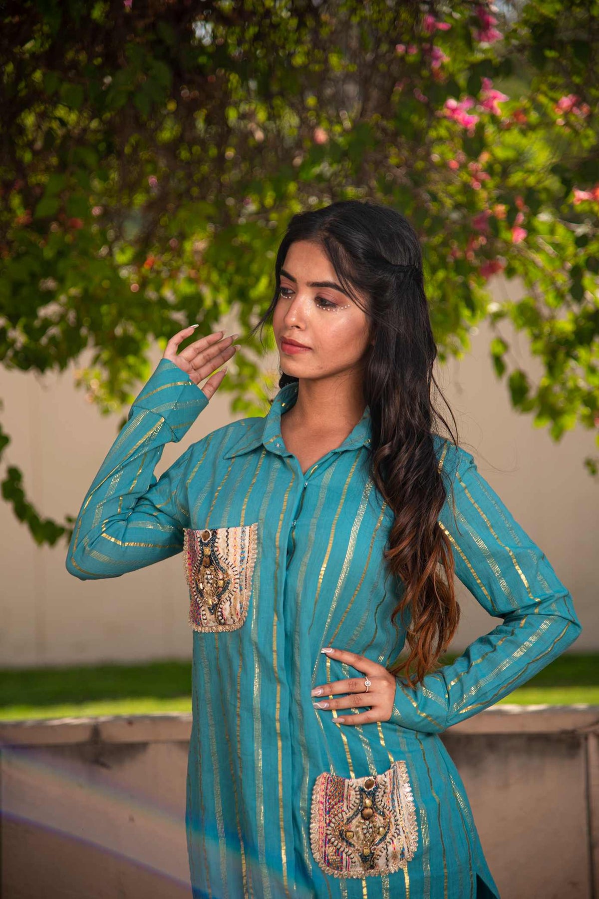 Duckegg Blue Coloured Pakistani Suit In Handmade Lurex Striped Cotton Fabric