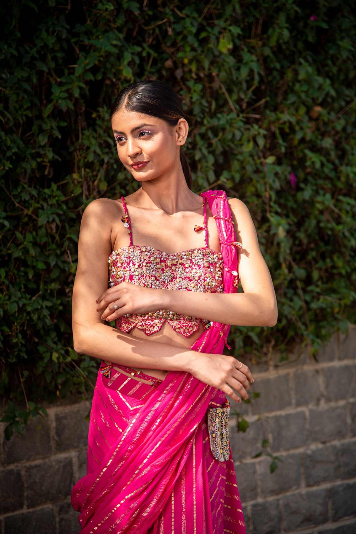 Fuchsia Pink Pre Drape Saree With Lurex Striped Handmade Cotton Fabric