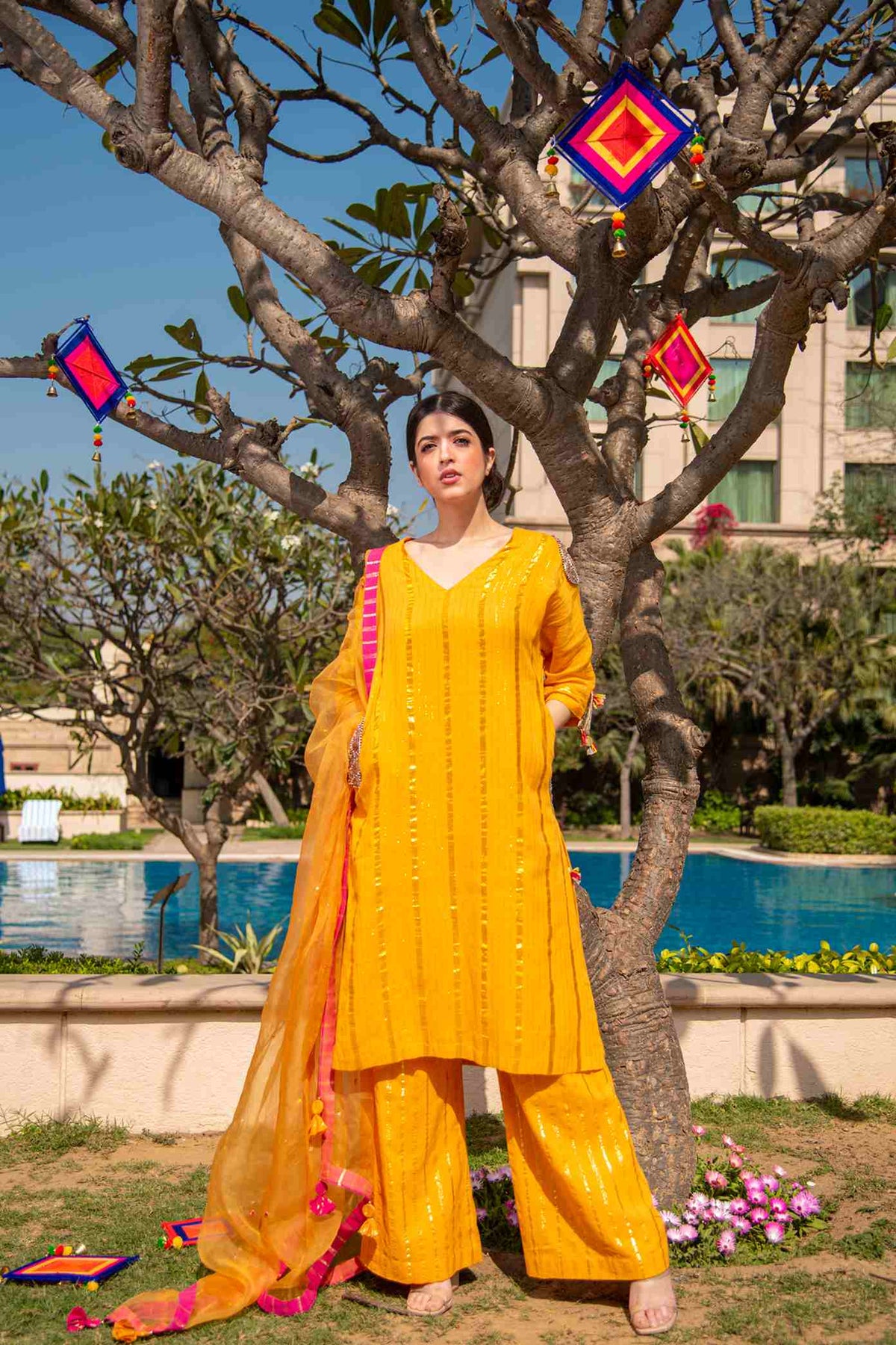 Bright Yellow Lurex Striped Suit In Handmade Cotton Fabric