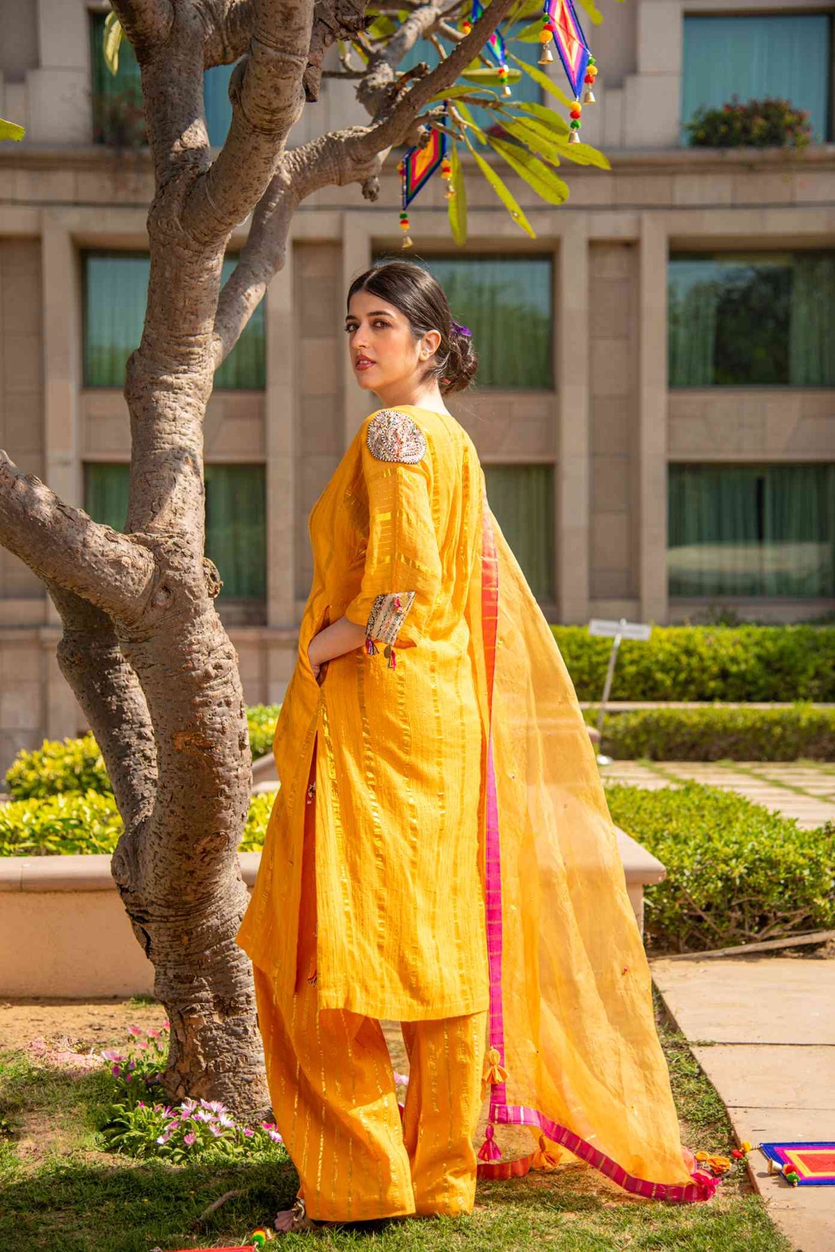 Bright Yellow Lurex Striped Suit In Handmade Cotton Fabric