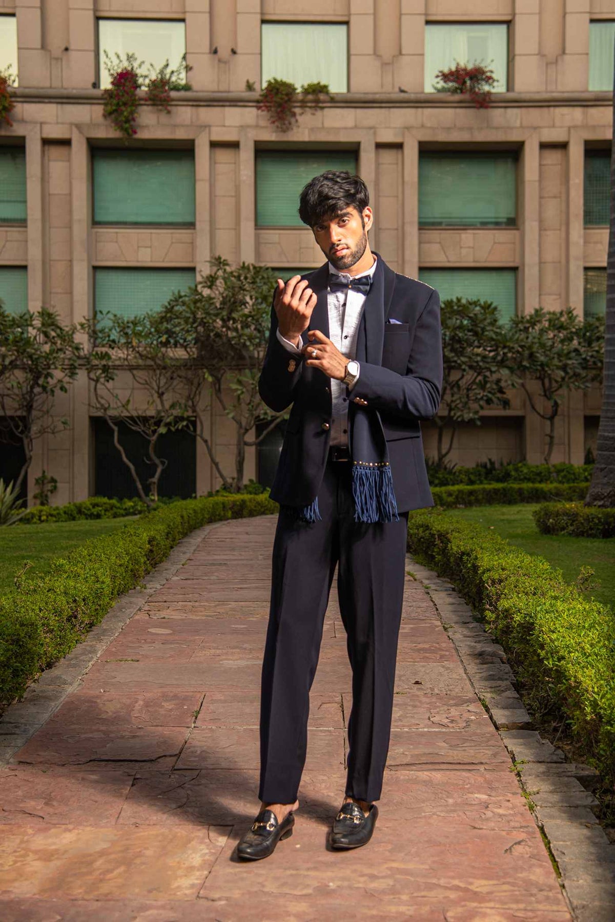 Midnight Blue Shawl Tuxedo With Shirt Pant And Bow