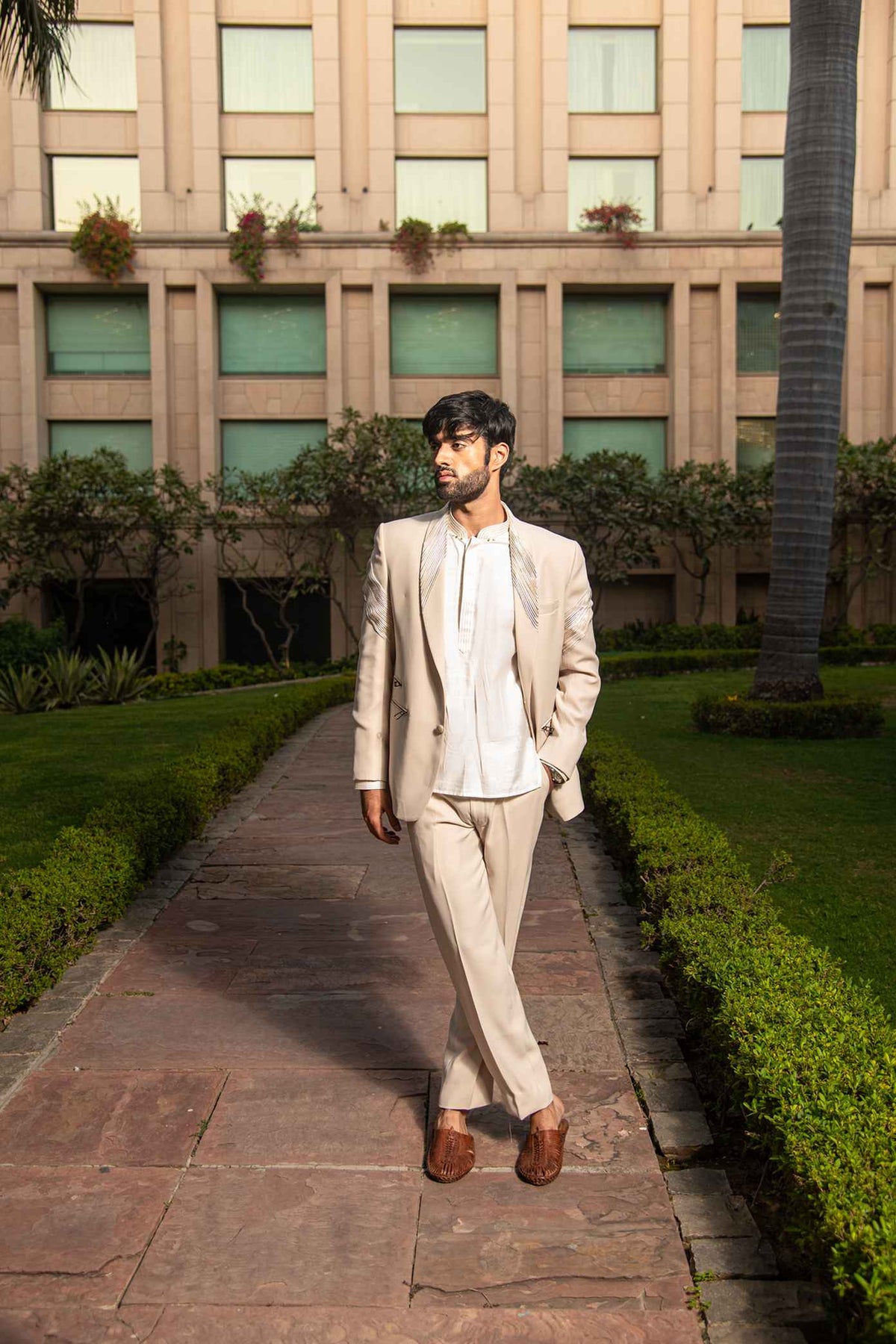Cream Colour Tuxedo With Metal Pleats On Lapel With Trousers