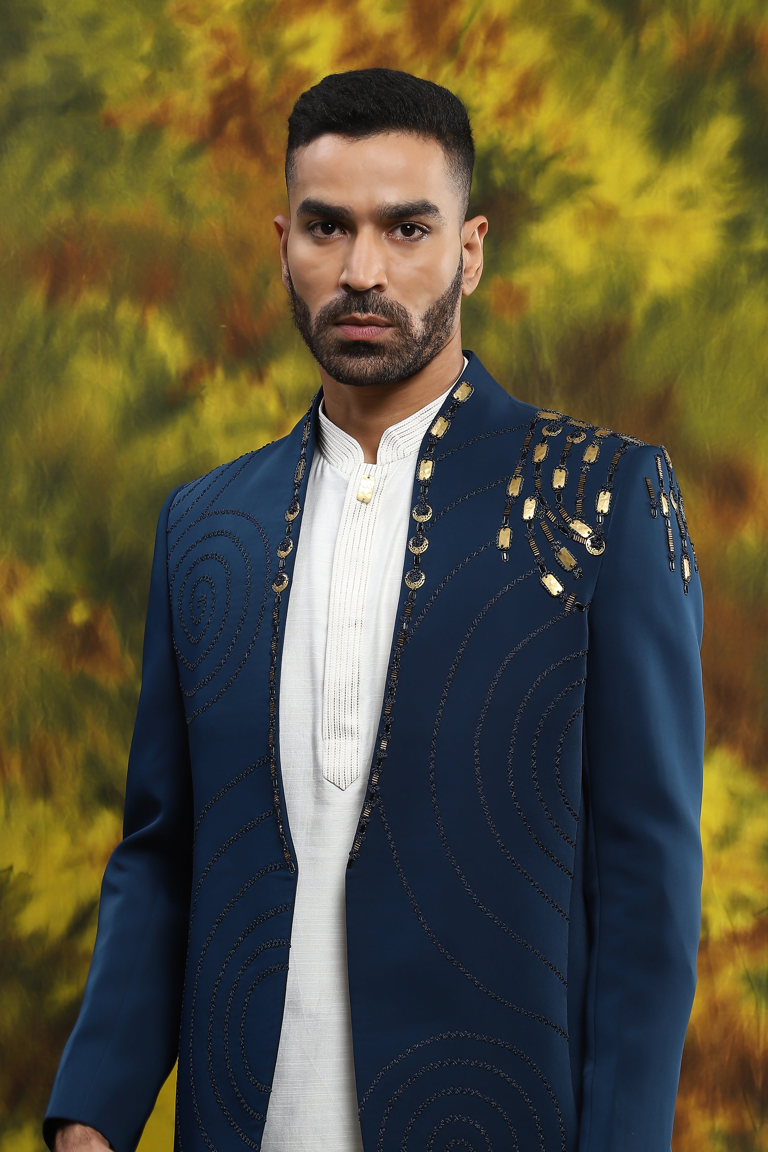 Royal Blue Metal Standing Collar Suit With Shirt shop soniyag