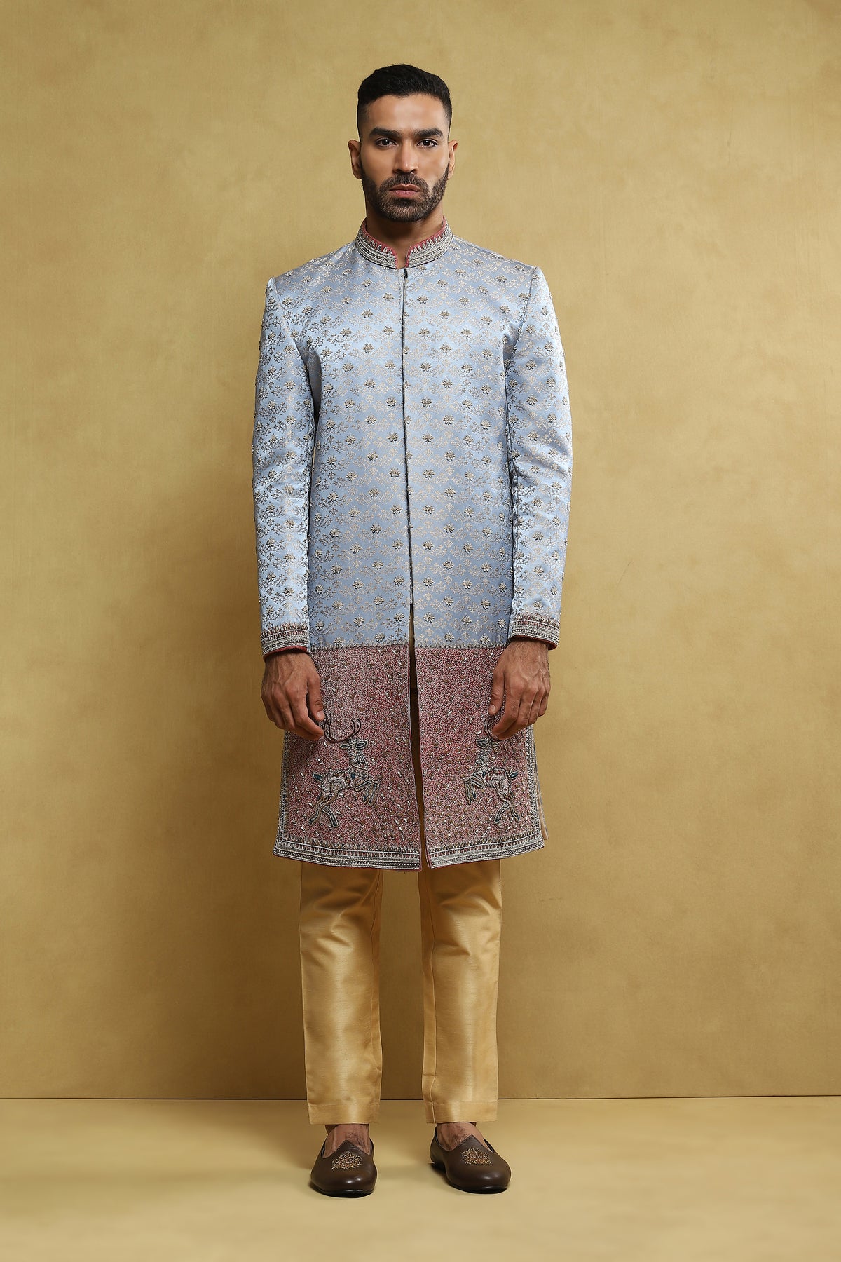 Sky Blue Embroidered Jacquard Based Sherwani