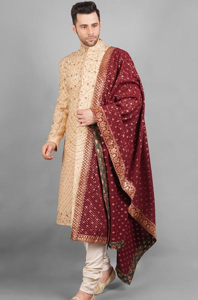 Raw Silk Embroidered Sherwani With Contrasting Duppatta