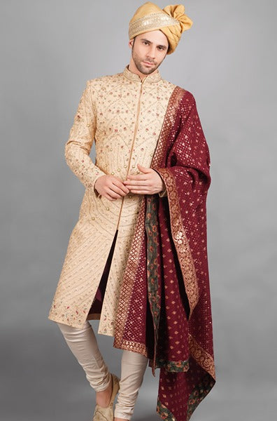Raw Silk Embroidered Sherwani With Contrasting Duppatta