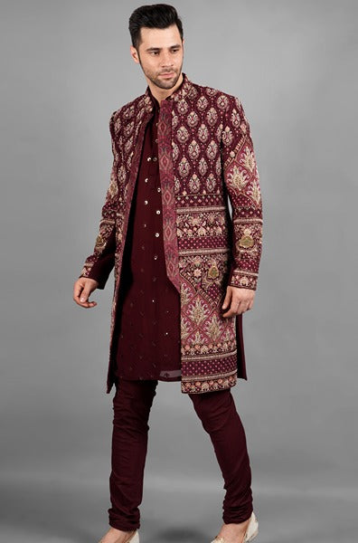 Wine Coloured Sherwani With Embroidered Butis In Pashmina Fabric