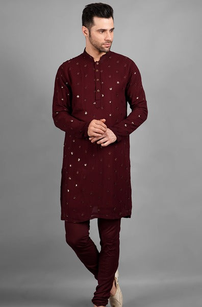 Wine Coloured Sherwani With Embroidered Butis In Pashmina Fabric