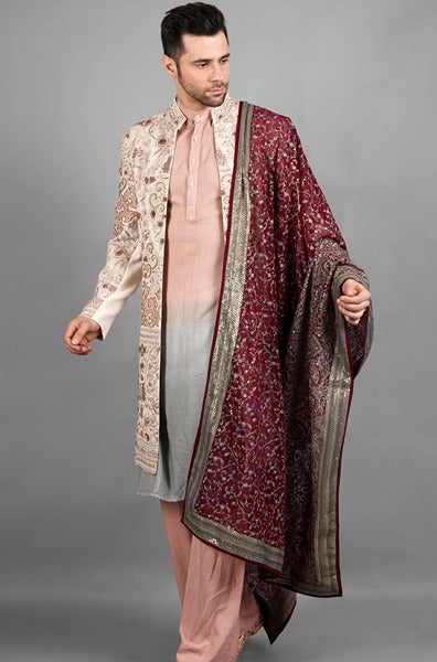 Ivory Coloured Front Open Sherwani With All Over Hand Work Embroidery