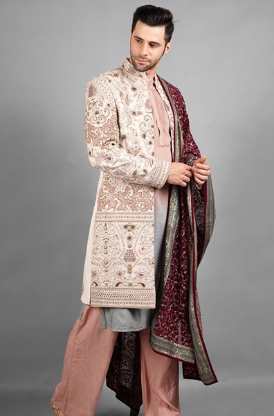 Ivory Coloured Front Open Sherwani With All Over Hand Work Embroidery