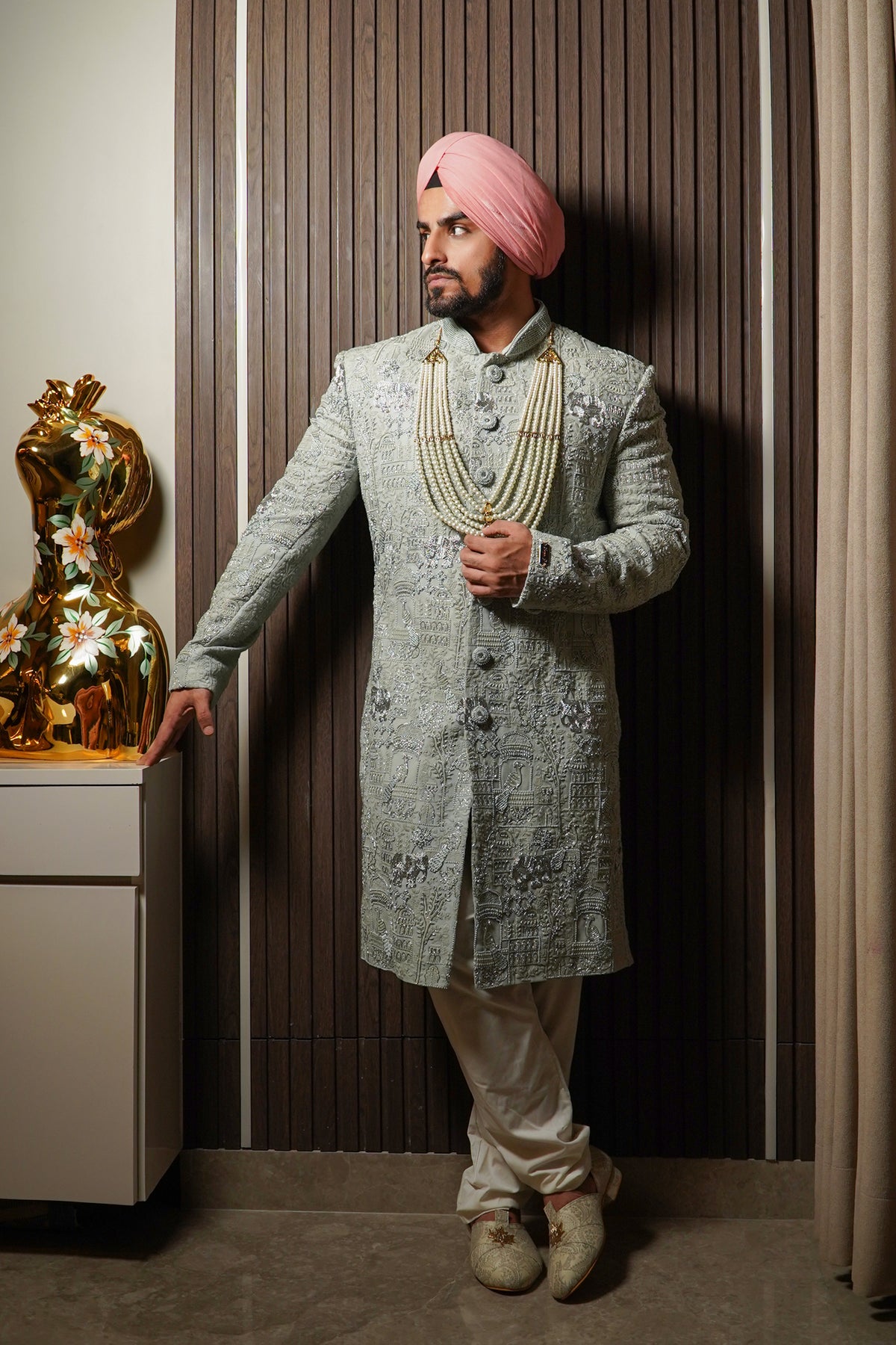 Raw Silk Sherwani In Mint Green