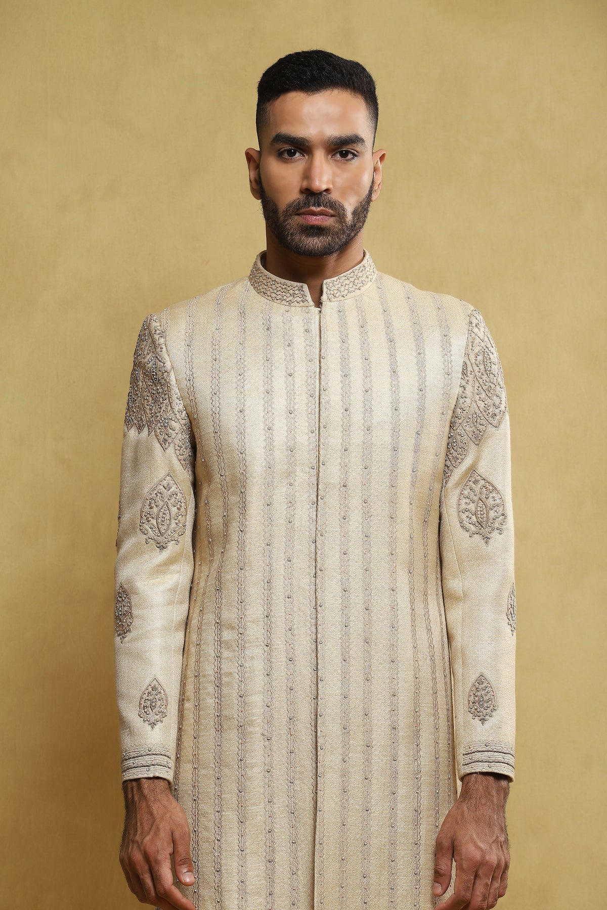 Beige Embroidered Sherwani In Handloom Silk
