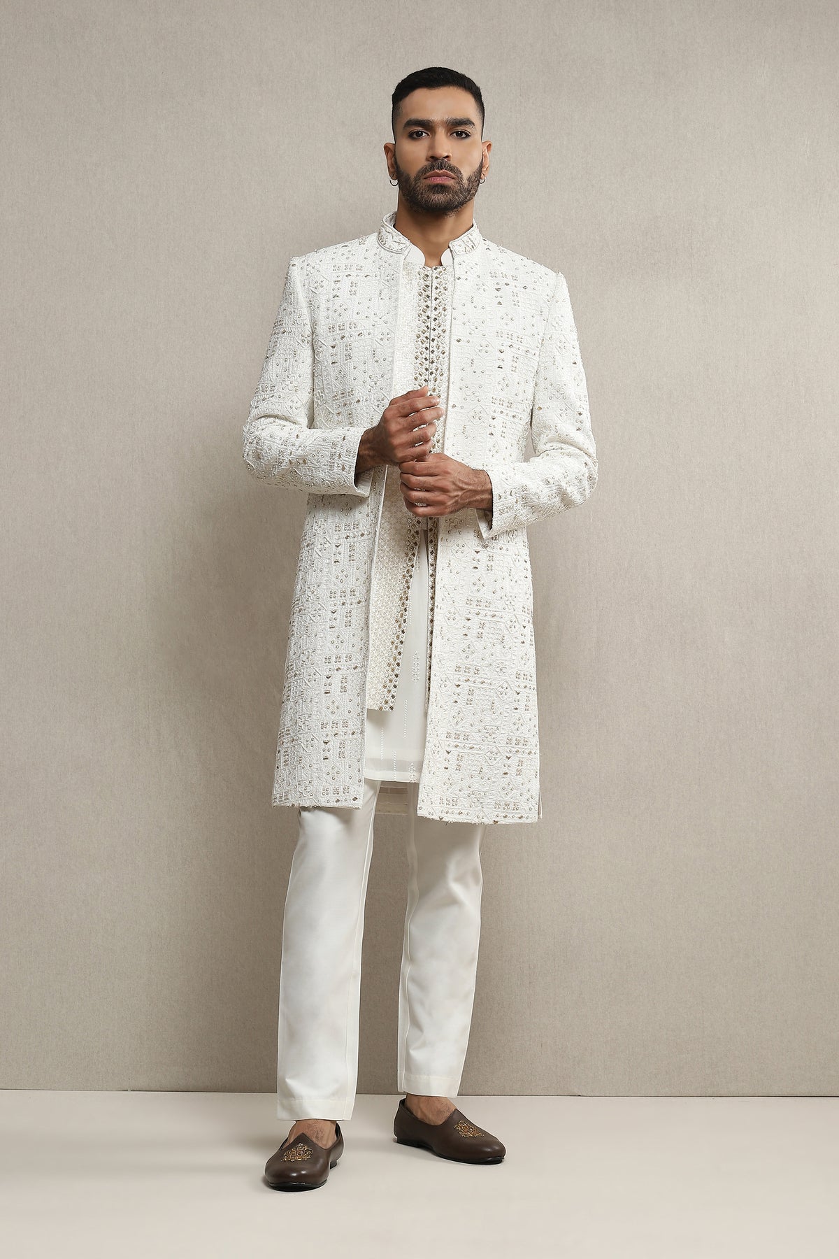 Open Sherwani Jacket In Handloom Silk