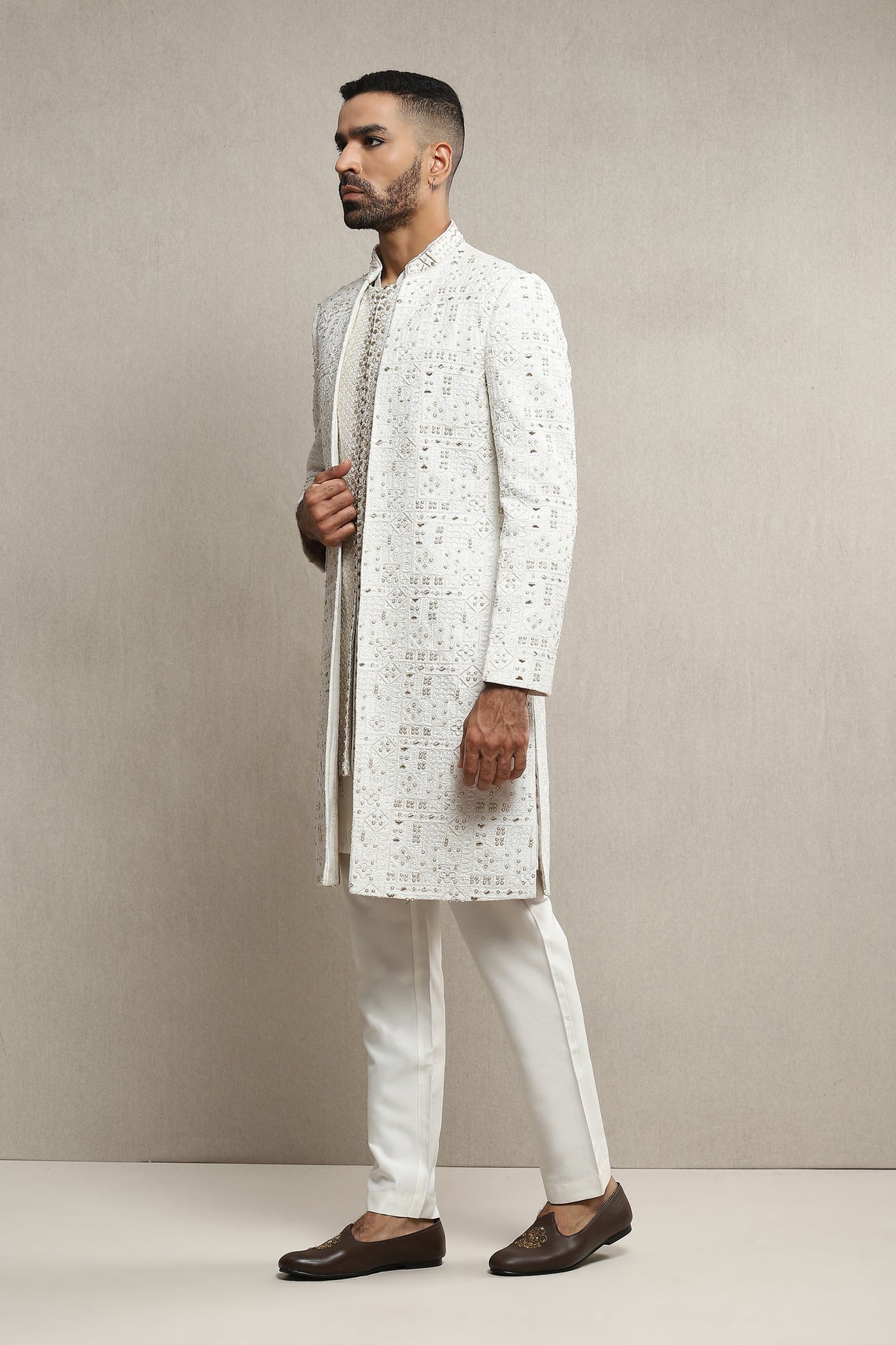 Open Sherwani Jacket In Handloom Silk