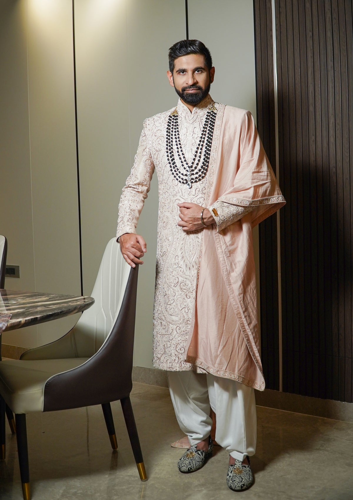 Cream Coloured Lucknowi Sherwani With Matching Stole