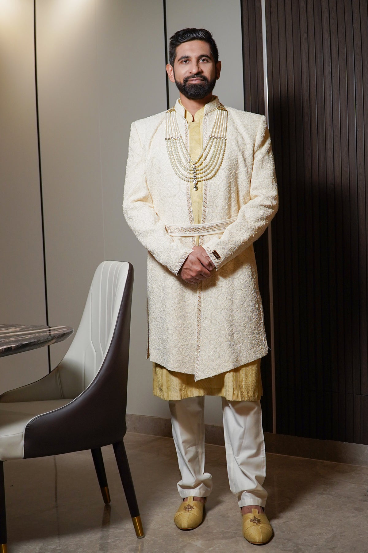 Cream Coloured Front Open Sherwani