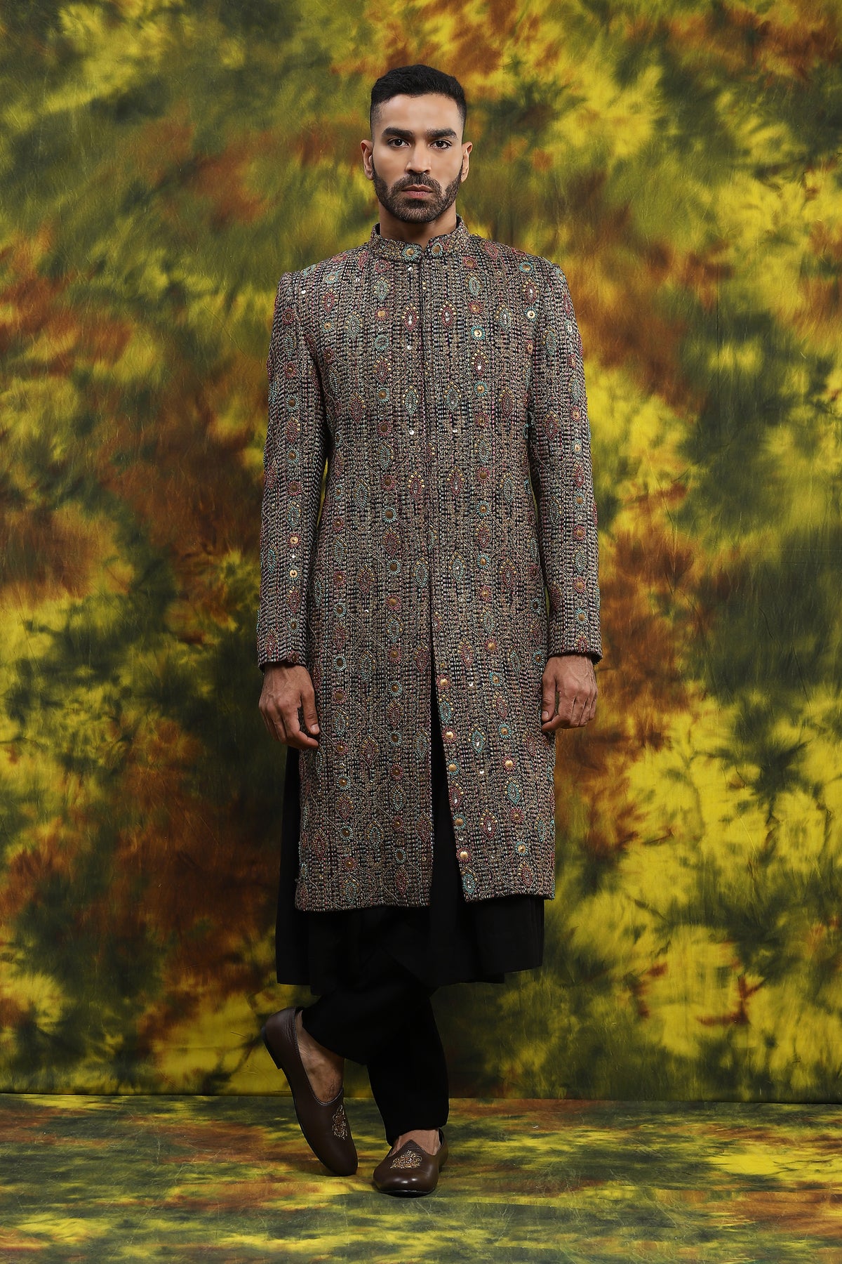 Multi Coloured Jute Sherwani In Metal Work