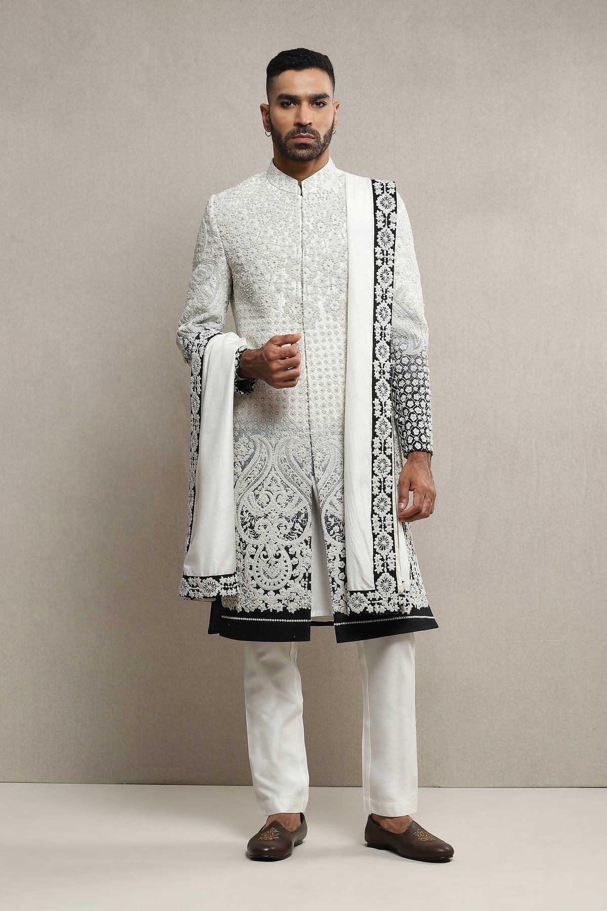 Raw Silk Based Sherwani In Ombre With Aari Dabka Work