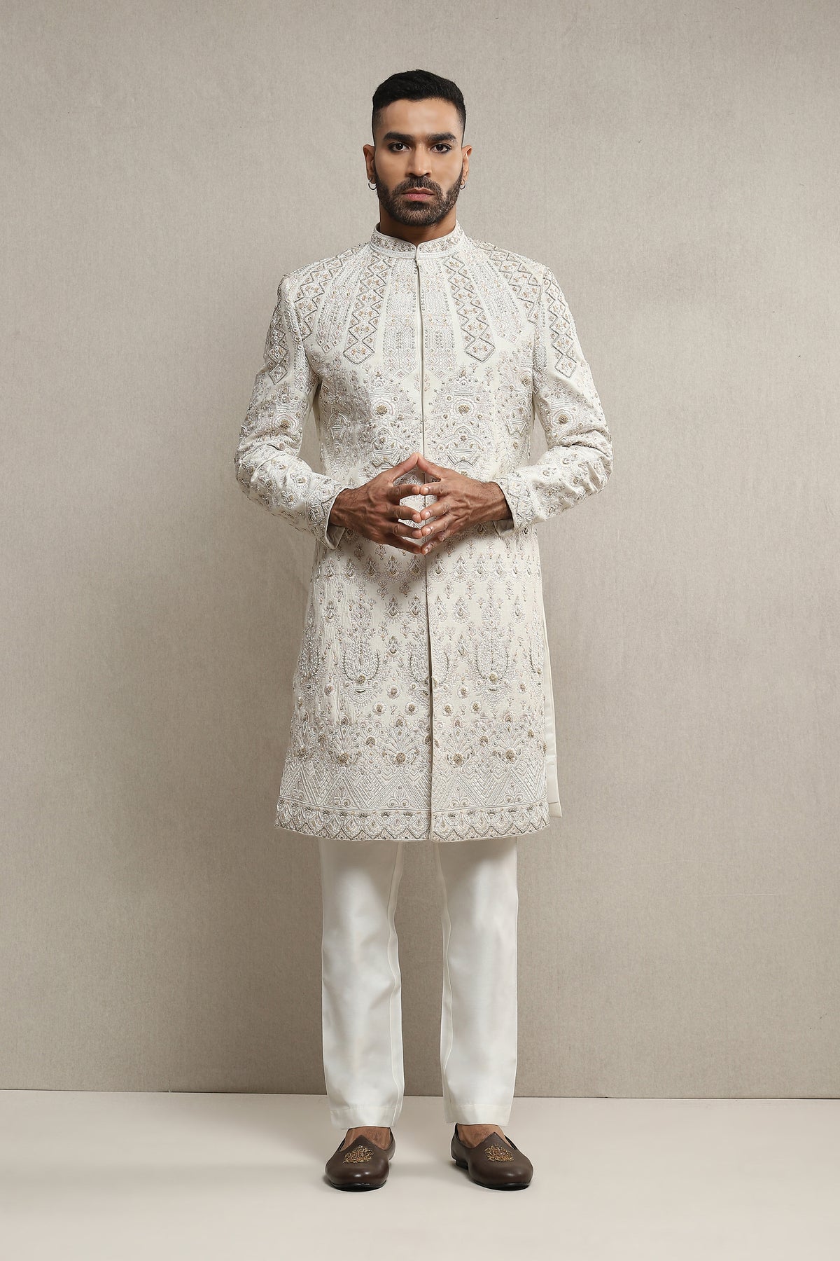 Raw Silk Based Off White Sherwani With Aari Dabka Work