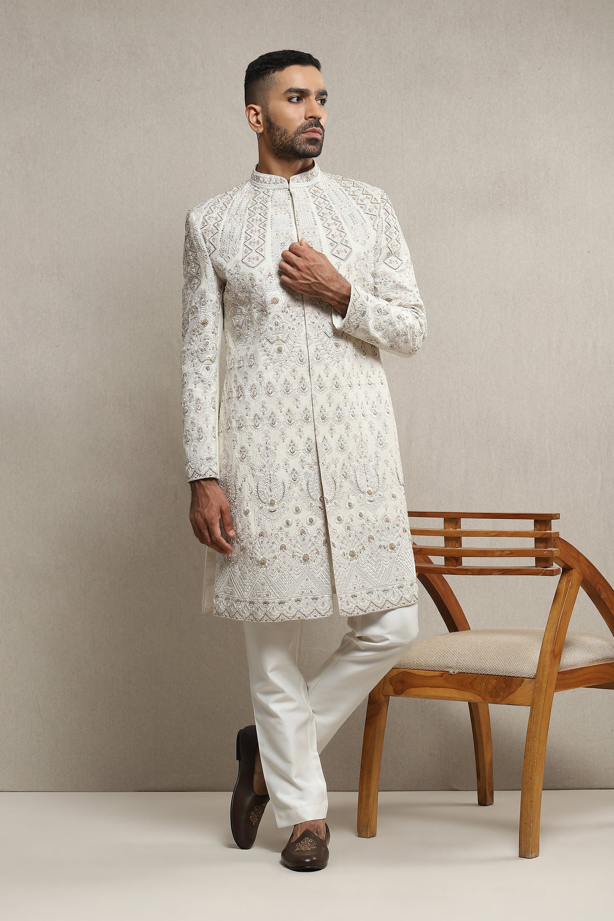 Raw Silk Based Off White Sherwani With Aari Dabka Work