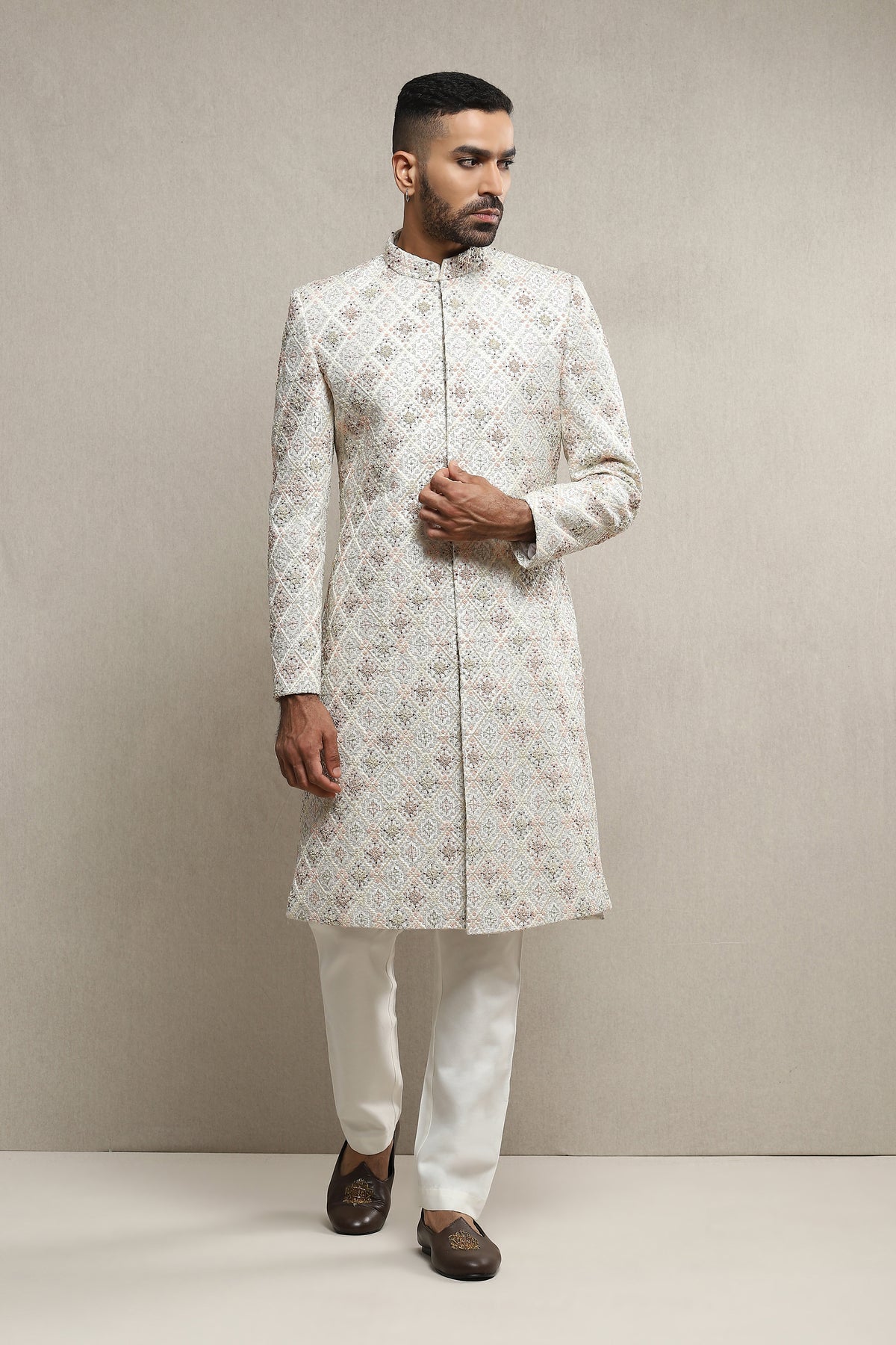 Raw Silk Fully Embroidered Sherwani With Aari Dabka Work