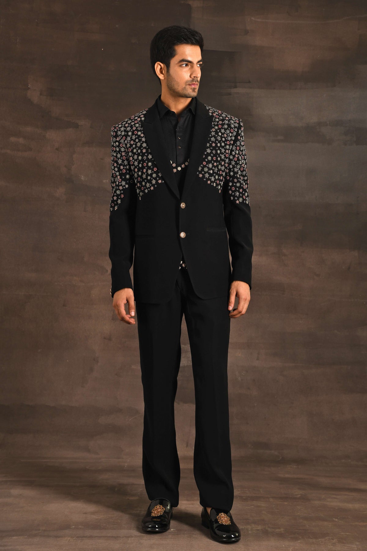 A Black Zari Work Embellished Tuxedo