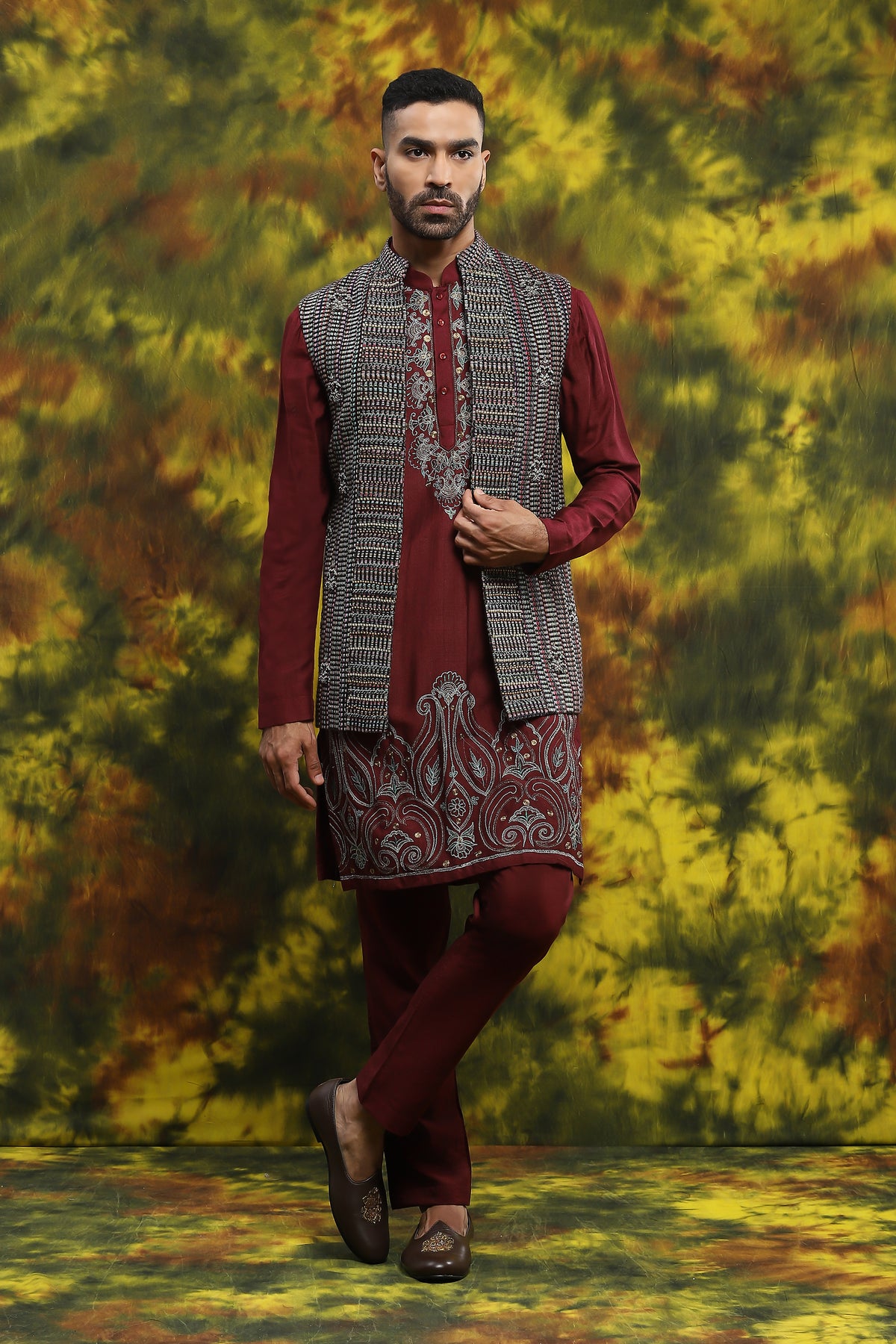 Multi Coloured Jacket In Jute Matched With Matching Kurta