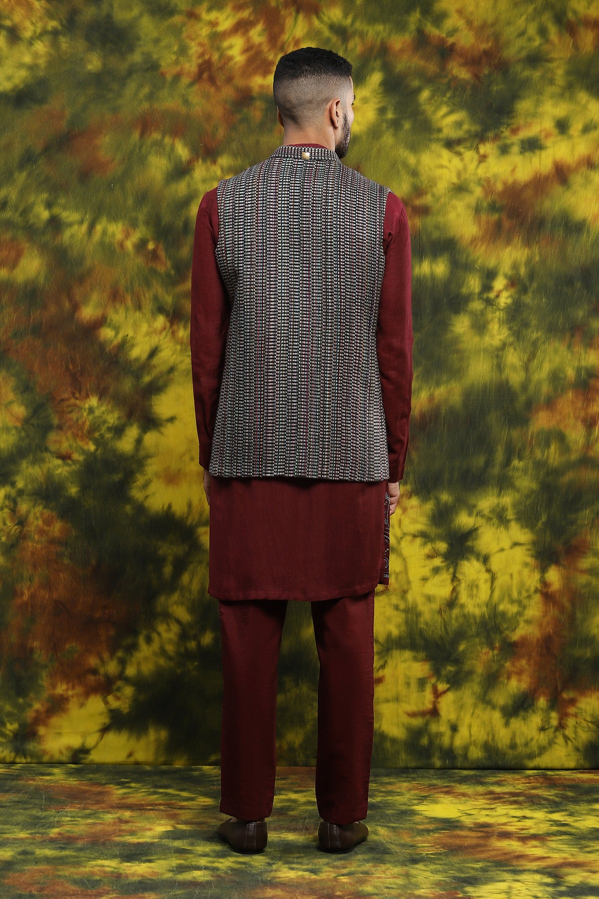 Multi Coloured Jacket In Jute Matched With Matching Kurta