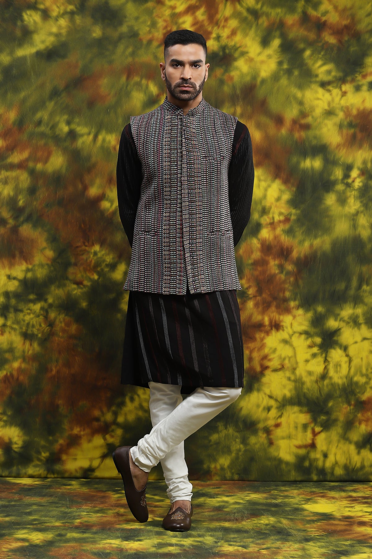 Multi Coloured Textured Jacket With Matching Kurta Churidar