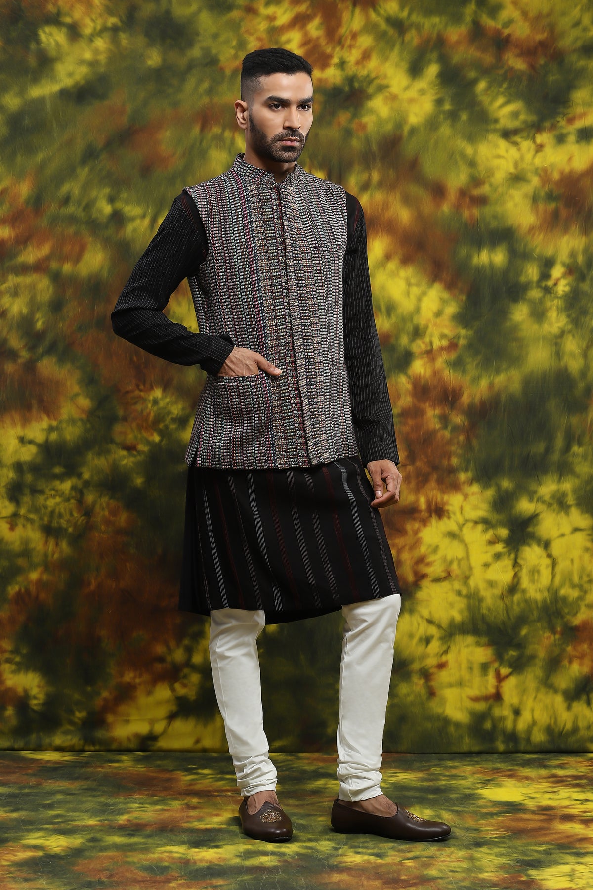 Multi Coloured Textured Jacket With Matching Kurta Churidar