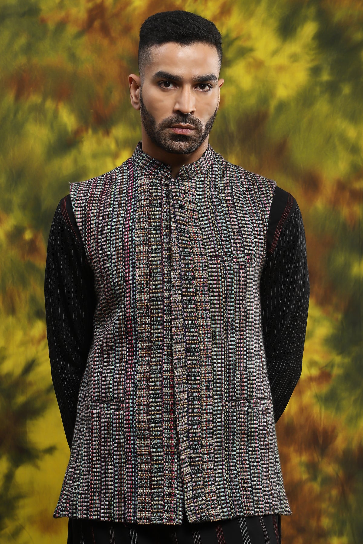 Multi Coloured Textured Jacket With Matching Kurta Churidar