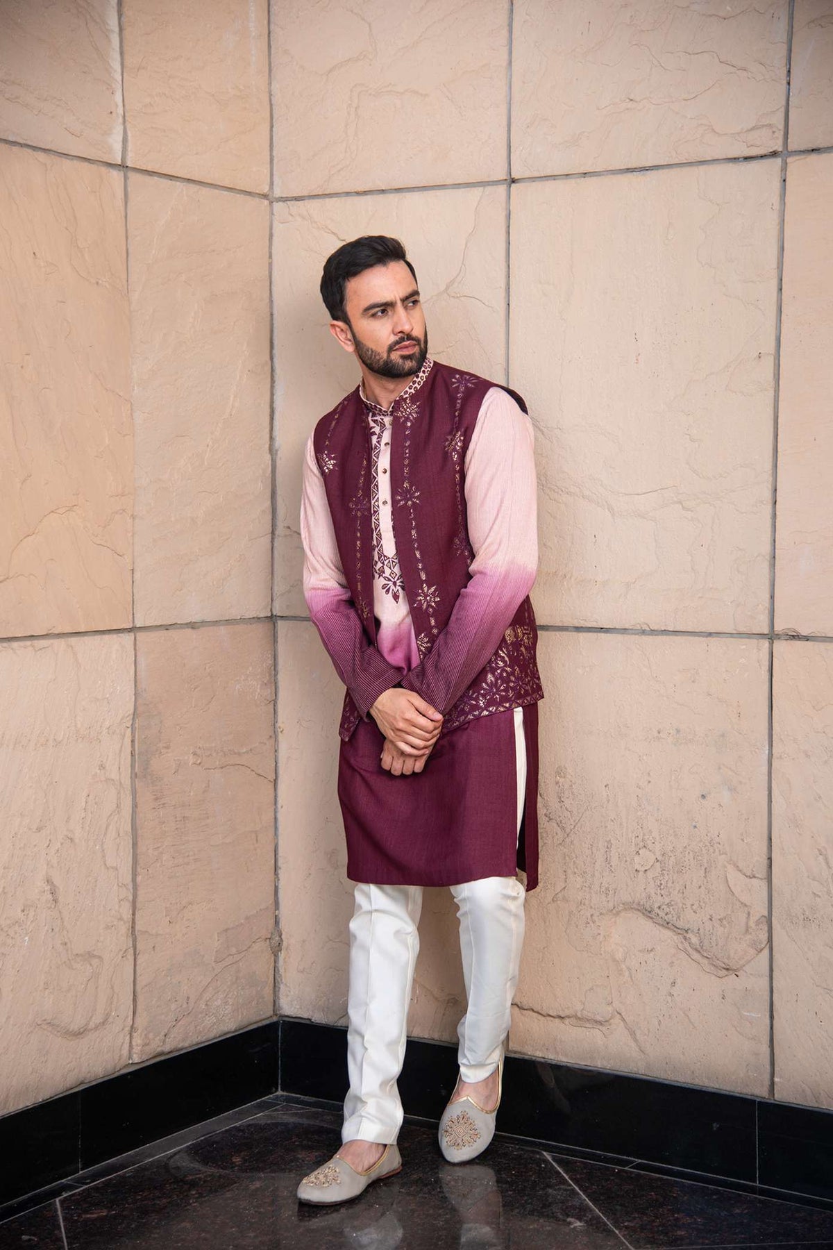 Wine Jacket Paired With A Wine And Pink Ombre Kurta