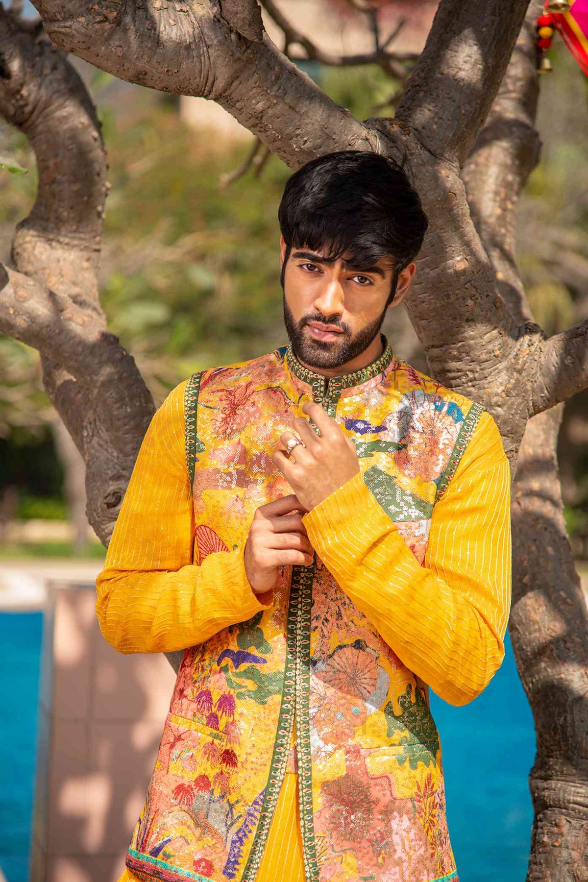 Printed Jacket In Handmade Fabric Matched With A Yellow Kurta In Georgette