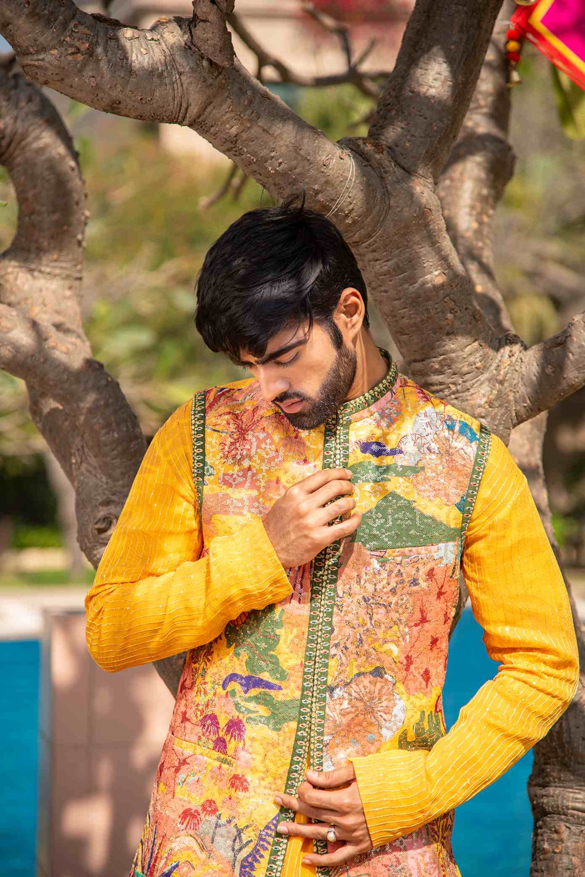 Printed Jacket In Handmade Fabric Matched With A Yellow Kurta In Georgette
