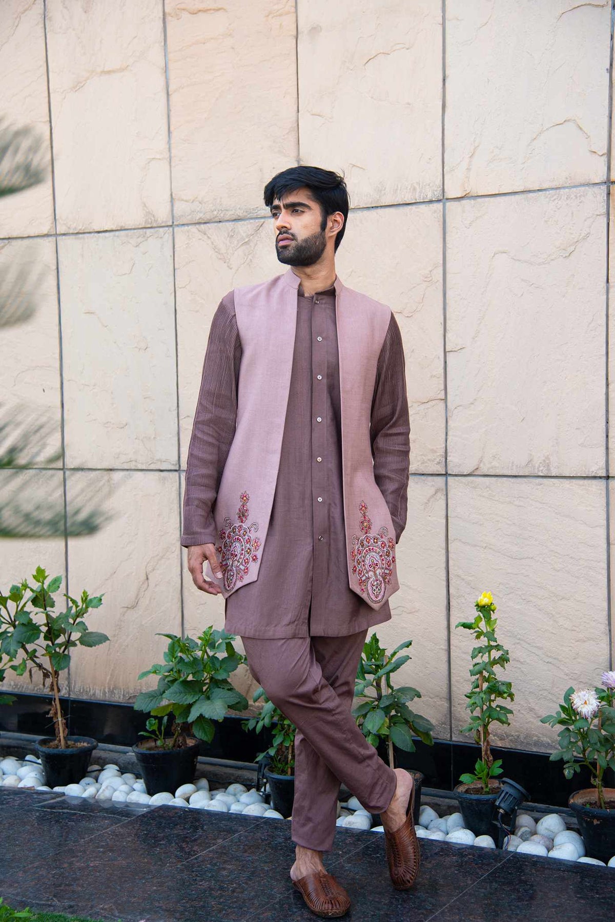 Mauve Coloured Kurta Pants Paired With An Embellished Long Jacket