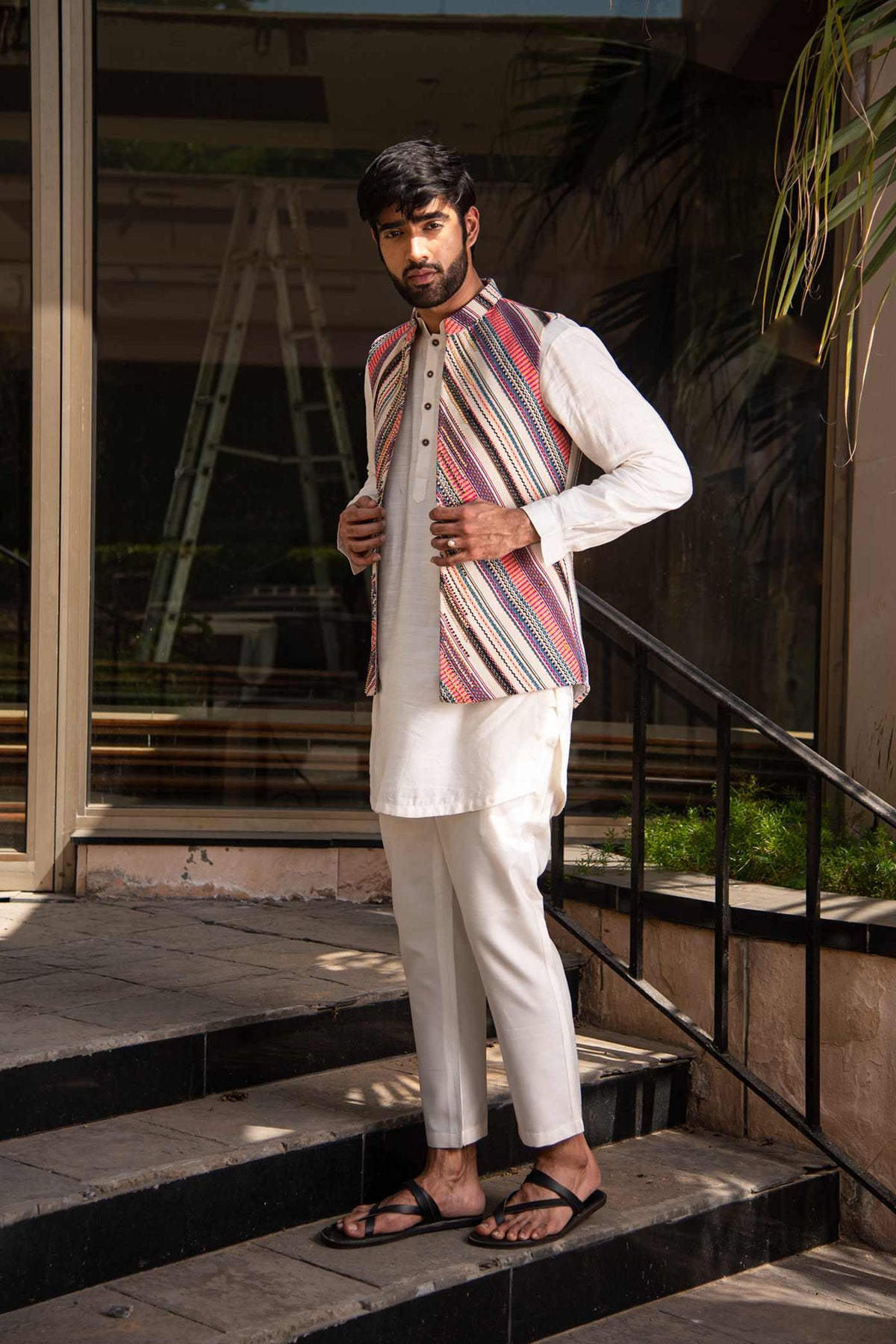 Ivory Kurta Jacket Set In Pre Handloom Silk