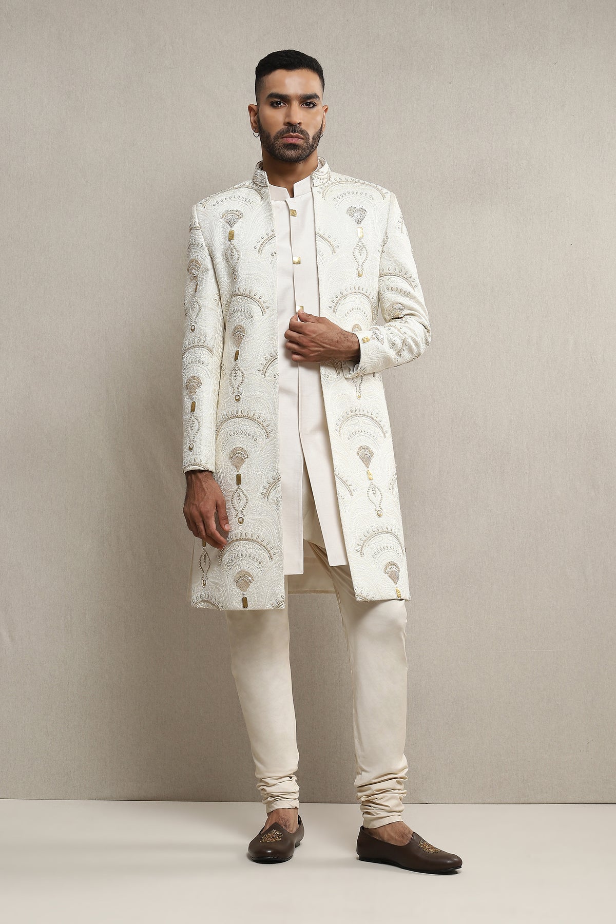 White Open Sherwani In Italian Crepe With Metal Work