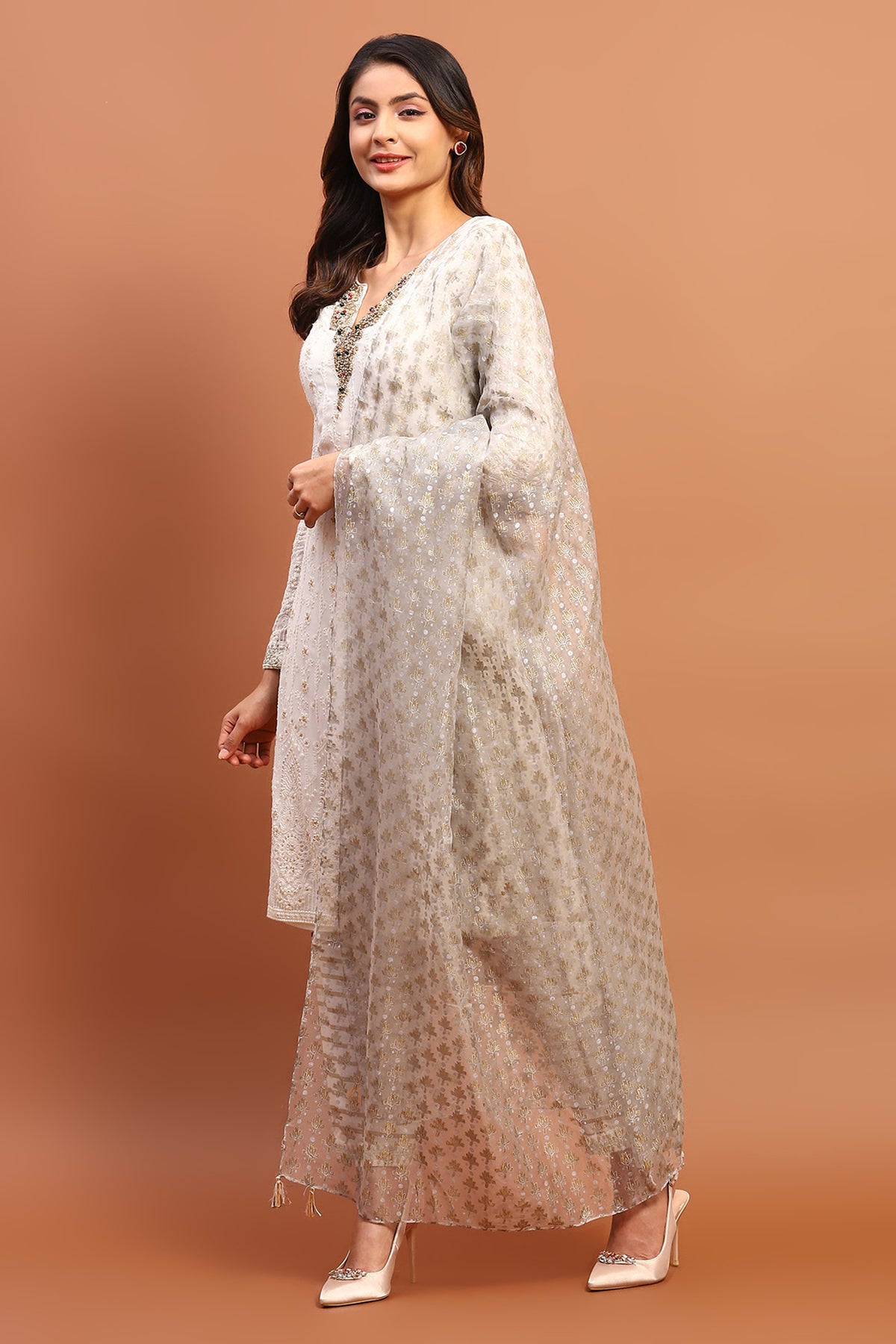 White Chikankari Suit , Embroidery On The Neck. Stripe Georgette Pants With Organza Printed Dupatta.
