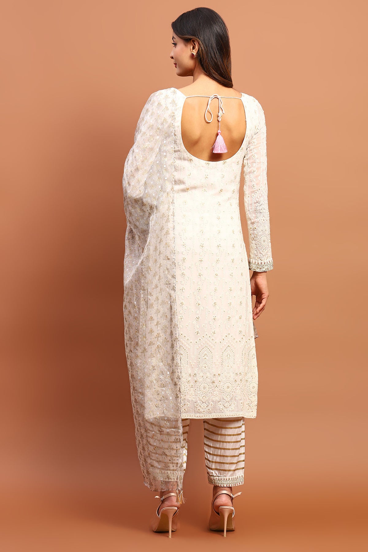 White Chikankari Suit , Embroidery On The Neck. Stripe Georgette Pants With Organza Printed Dupatta.