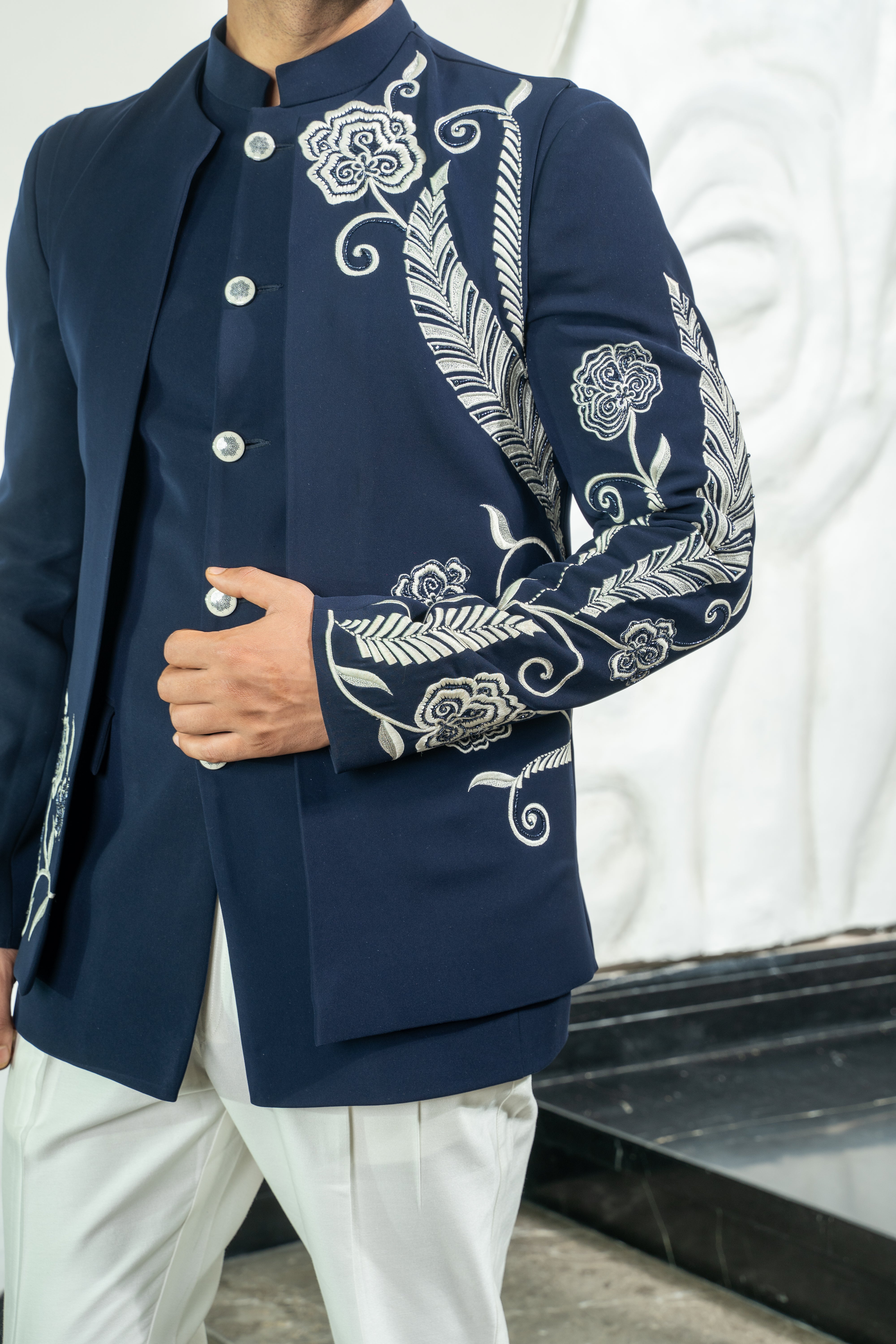 This blue jodhpuri with zero neck jacket – shop soniyag