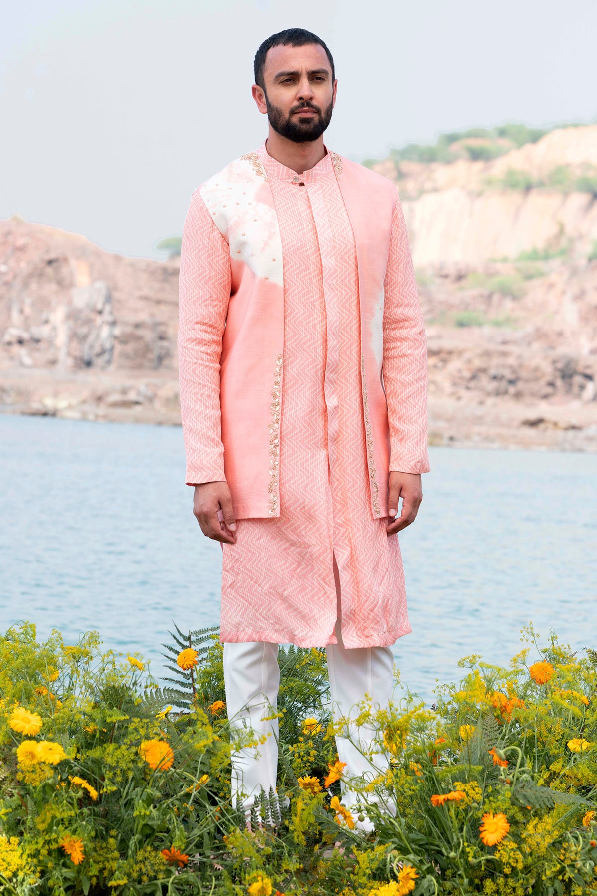 Baby Pink Kurta Jacket Set With Off White Pants